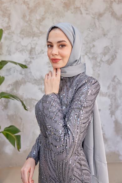 Elisa Taş İşleme Tesettür Abiye - Gri