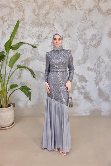 Elisa Taş İşleme Tesettür Abiye - Gri