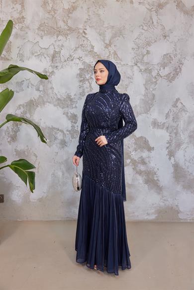 Elisa Taş İşleme Tesettür Abiye - Lacivert