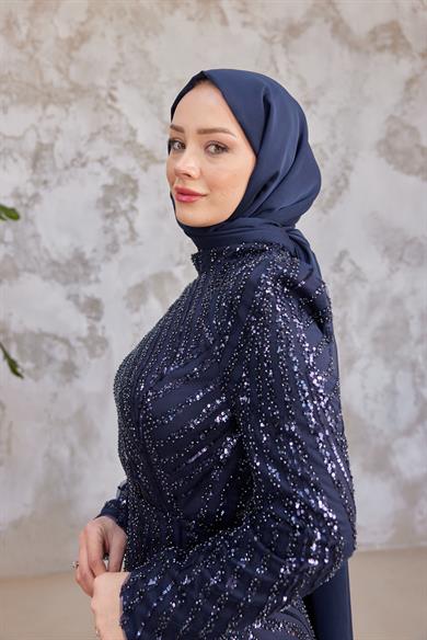 Elisa Taş İşleme Tesettür Abiye - Lacivert