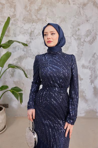 Elisa Taş İşleme Tesettür Abiye - Lacivert