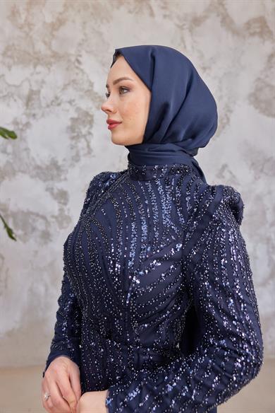 Elisa Taş İşleme Tesettür Abiye - Lacivert