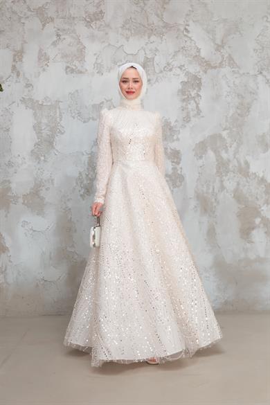 Erva Taş İşleme Kabarık Abiye - Ekru