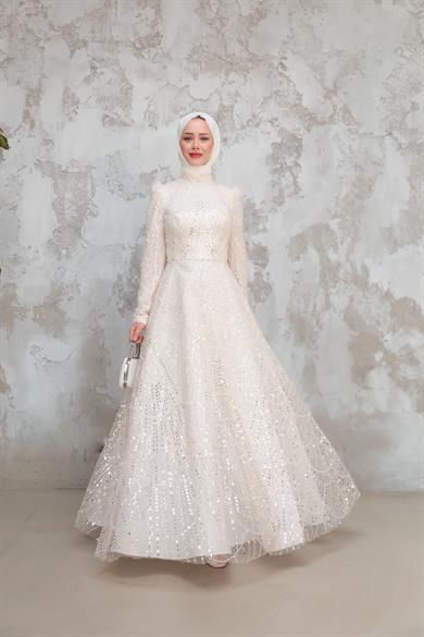 Erva Taş İşleme Kabarık Abiye - Ekru