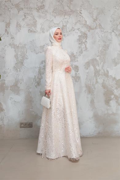 Erva Taş İşleme Kabarık Abiye - Ekru