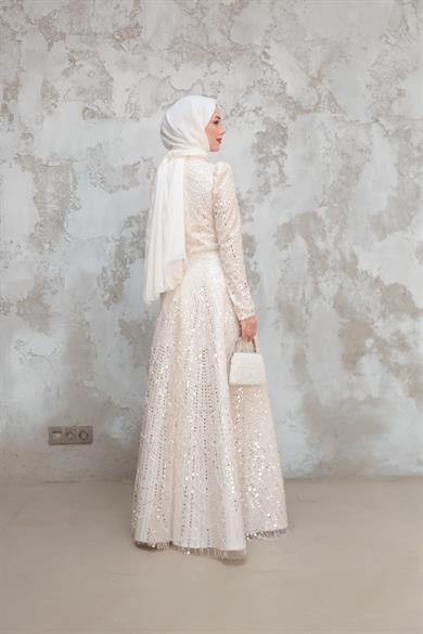 Erva Taş İşleme Kabarık Abiye - Ekru