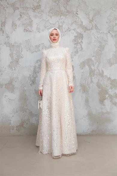 Erva Taş İşleme Kabarık Abiye - Ekru