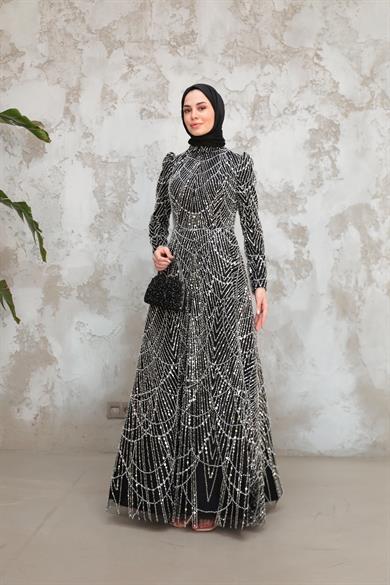 Erva Taş İşleme Kabarık Abiye - Siyah