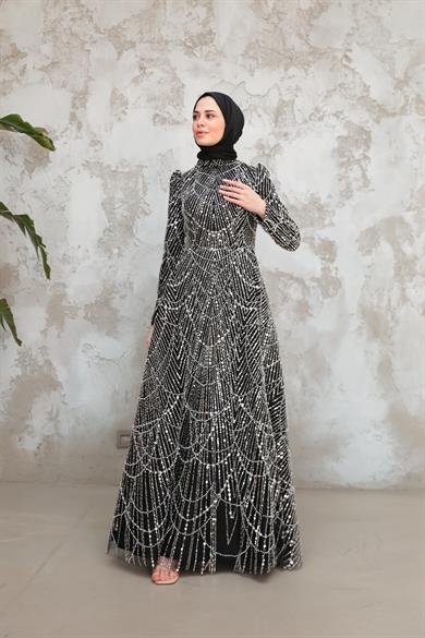 Erva Taş İşleme Kabarık Abiye - Siyah
