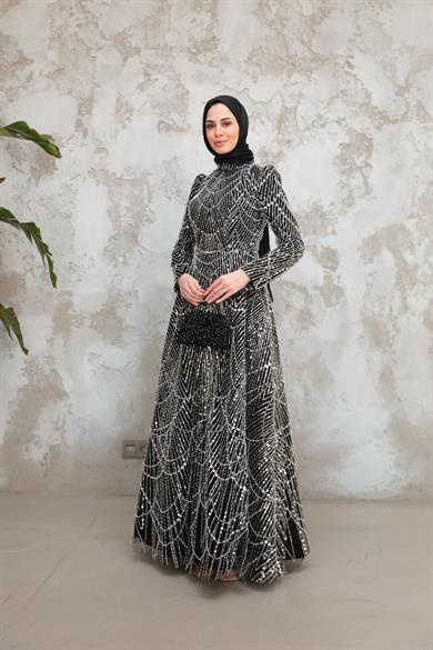 Erva Taş İşleme Kabarık Abiye - Siyah