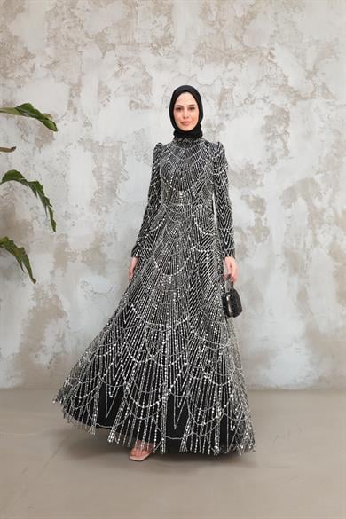 Erva Taş İşleme Kabarık Abiye - Siyah
