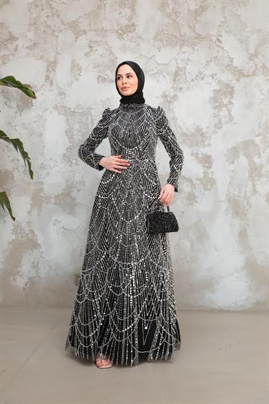 Erva Taş İşleme Kabarık Abiye - Siyah