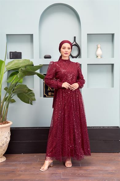 Eslem Stone Embroidered Tulle Fabric Evening Dress - Claret Red