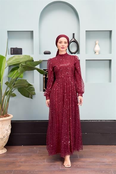 Eslem Stone Embroidered Tulle Fabric Evening Dress - Claret Red