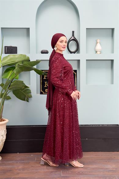 Eslem Stone Embroidered Tulle Fabric Evening Dress - Claret Red