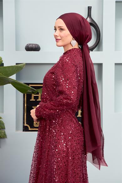 Eslem Stone Embroidered Tulle Fabric Evening Dress - Claret Red