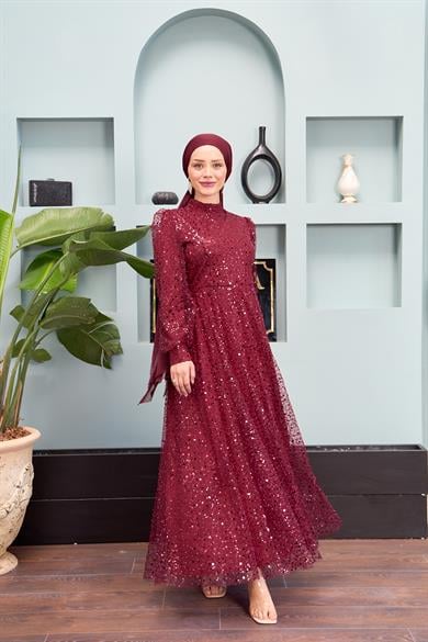 Eslem Stone Embroidered Tulle Fabric Evening Dress - Claret Red