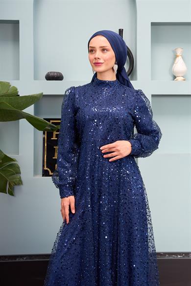 Eslem Stone Embroidered Tulle Fabric Evening Dress - Navy Blue