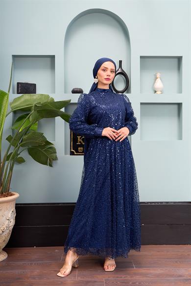 Eslem Stone Embroidered Tulle Fabric Evening Dress - Navy Blue