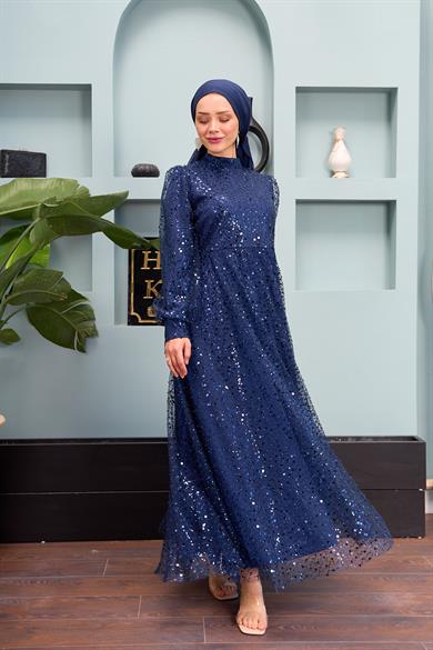 Eslem Stone Embroidered Tulle Fabric Evening Dress - Navy Blue