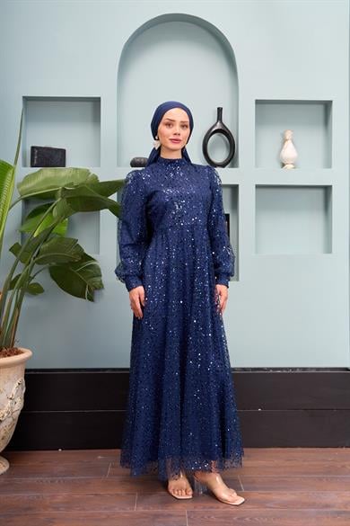 Eslem Stone Embroidered Tulle Fabric Evening Dress - Navy Blue