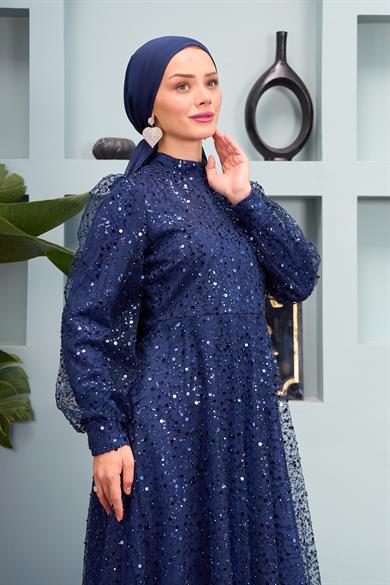 Eslem Stone Embroidered Tulle Fabric Evening Dress - Navy Blue