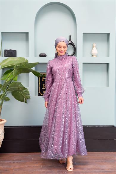 Eslem Stone Embroidered Tulle Fabric Evening Dress - Lilac