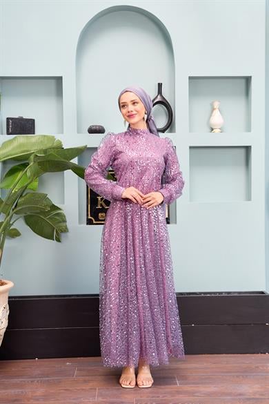 Eslem Stone Embroidered Tulle Fabric Evening Dress - Lilac