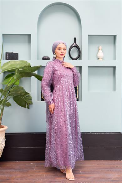 Eslem Stone Embroidered Tulle Fabric Evening Dress - Lilac
