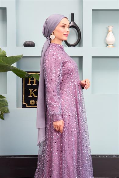 Eslem Stone Embroidered Tulle Fabric Evening Dress - Lilac