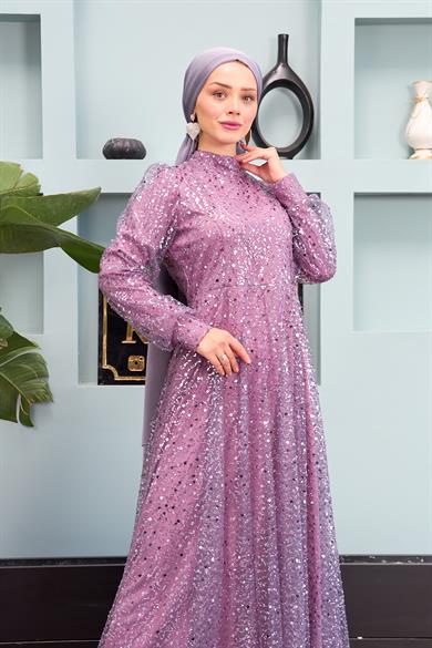 Eslem Stone Embroidered Tulle Fabric Evening Dress - Lilac