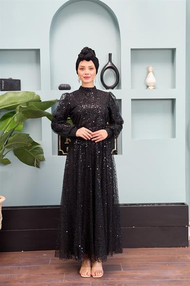 Eslem Stone Embroidered Tulle Fabric Evening Dress - Black