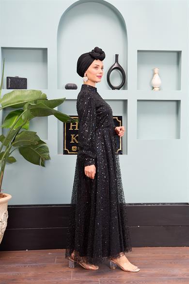 Eslem Stone Embroidered Tulle Fabric Evening Dress - Black