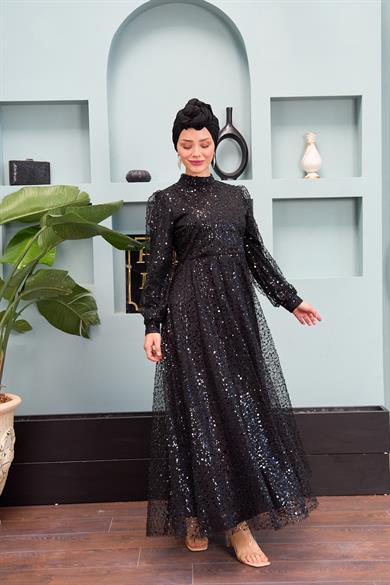 Eslem Stone Embroidered Tulle Fabric Evening Dress - Black