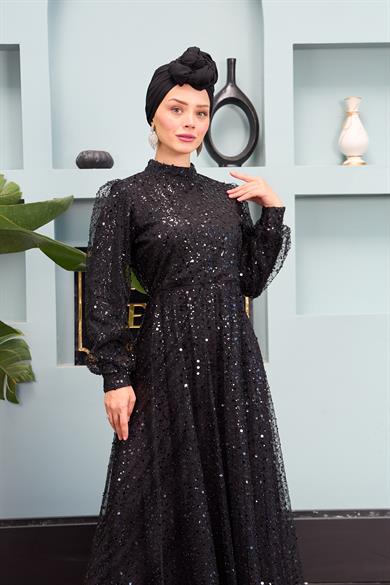 Eslem Stone Embroidered Tulle Fabric Evening Dress - Black