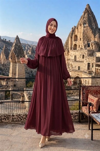 Eslem Yaka Detay Işıltı Abiye - Bordo
