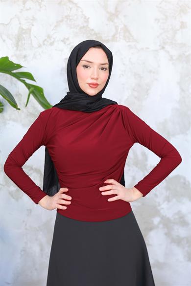 Esnek Kumaş Kat Detaylı Tunik - Bordo