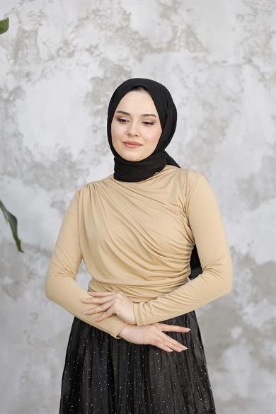 Esnek Kumaş Kat Detaylı Tunik - Camel