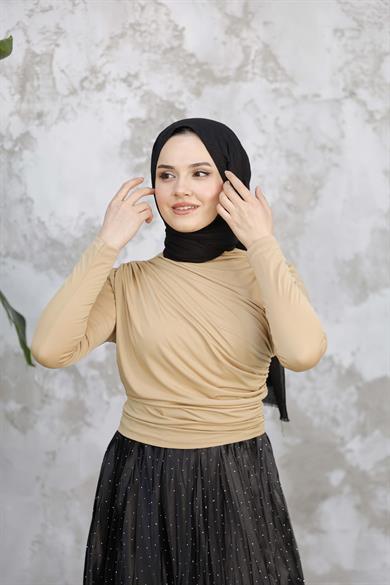Esnek Kumaş Kat Detaylı Tunik - Camel