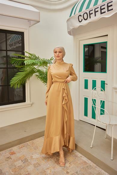 Eteği Detaylı Kobe Saten Abiye - Altın