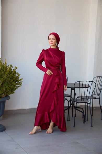 Kobe Satin Evening Dress with Skirt Detail - Claret Red