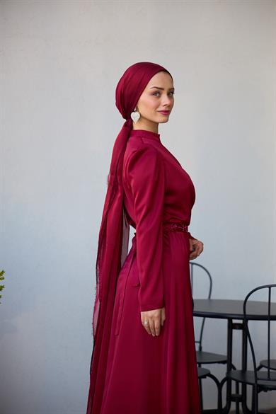 Kobe Satin Evening Dress with Skirt Detail - Claret Red