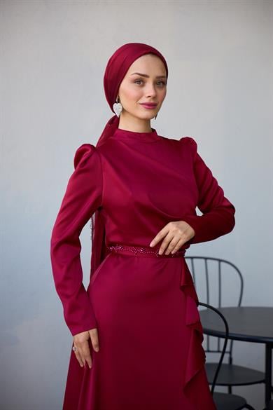 Kobe Satin Evening Dress with Skirt Detail - Claret Red