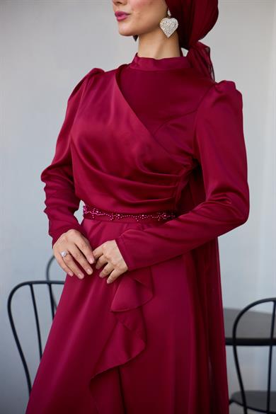 Kobe Satin Evening Dress with Skirt Detail - Claret Red