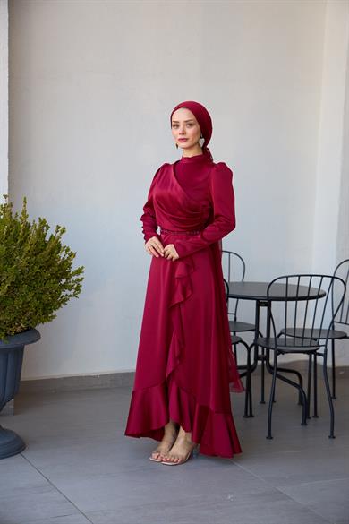 Kobe Satin Evening Dress with Skirt Detail - Claret Red