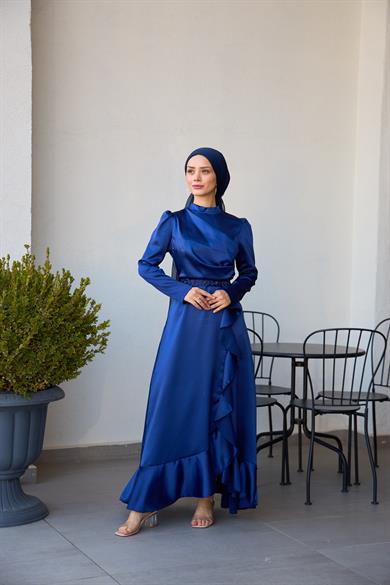 Kobe Satin Evening Dress with Skirt Detail - Navy Blue