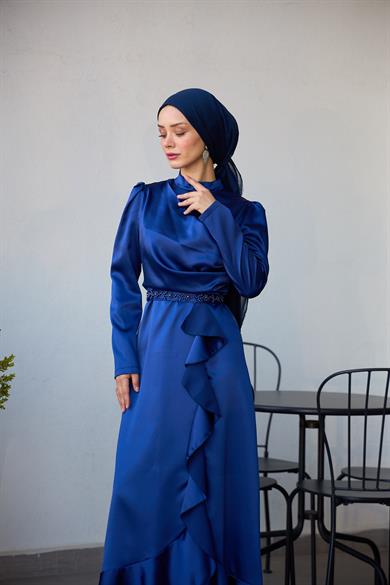 Kobe Satin Evening Dress with Skirt Detail - Navy Blue