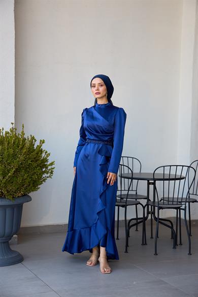 Kobe Satin Evening Dress with Skirt Detail - Navy Blue