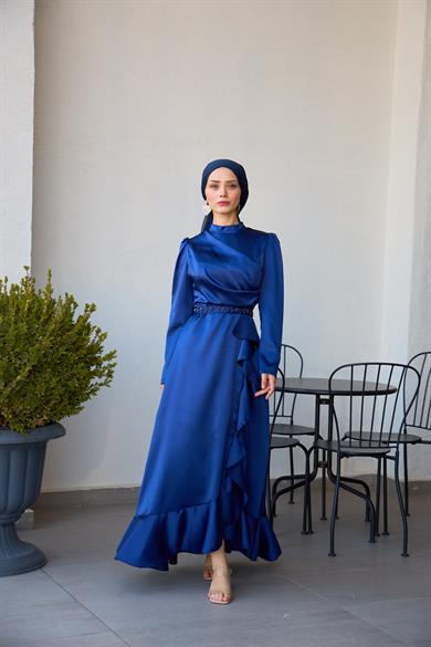 Kobe Satin Evening Dress with Skirt Detail - Navy Blue