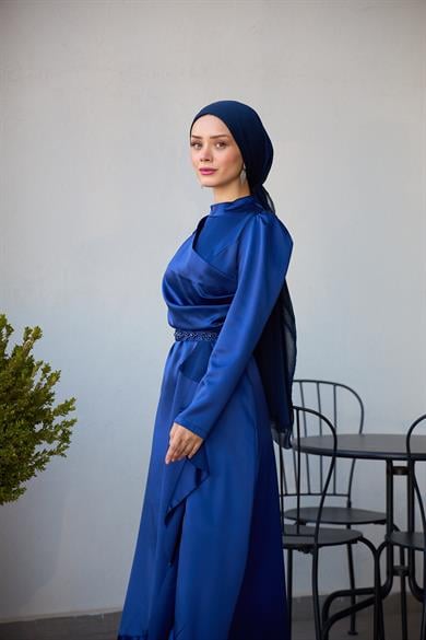 Kobe Satin Evening Dress with Skirt Detail - Navy Blue